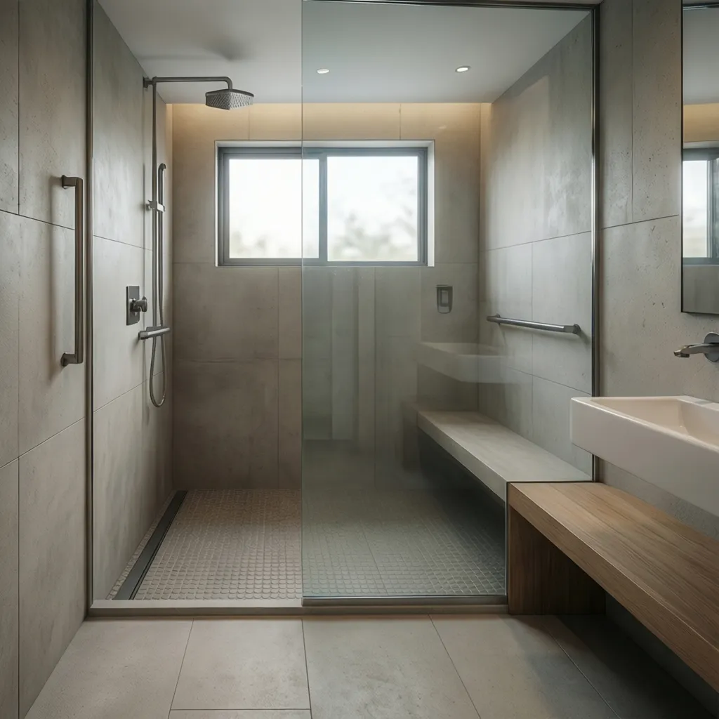 modern accessible bathroom with curbless shower and universal design features
