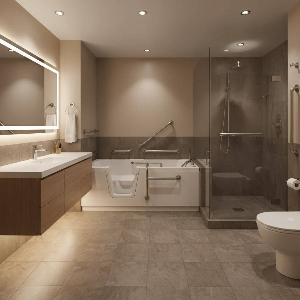 Aging in place bathroom modifications with safety rails and walk in tub