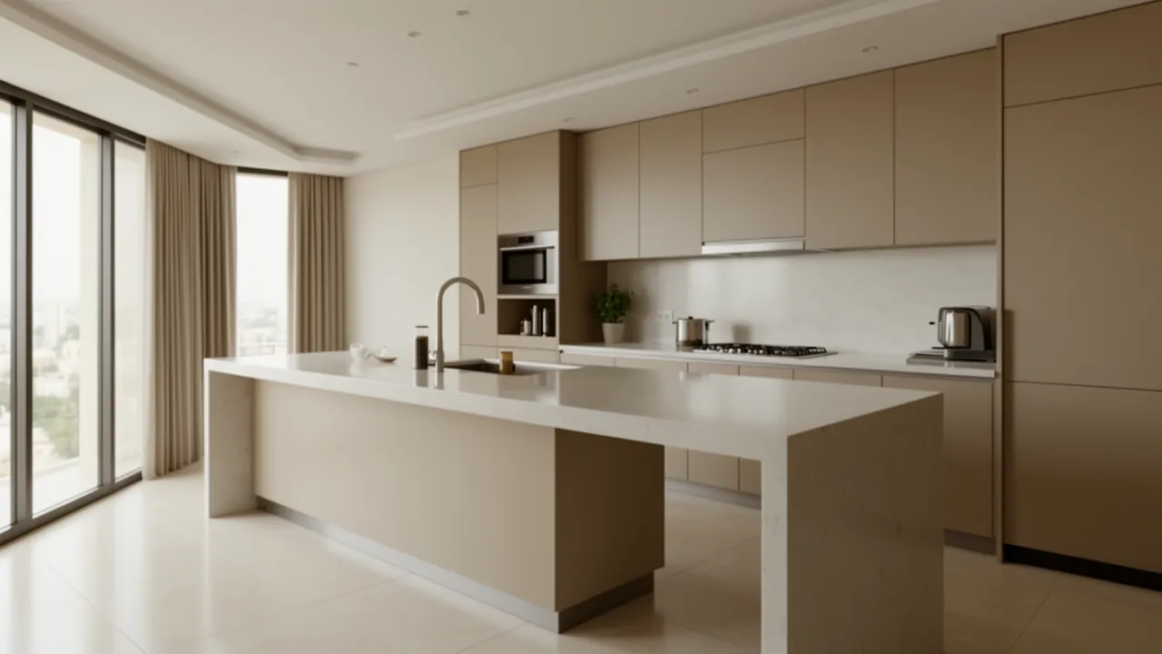 Spacious modern kitchen in a 4 BHK Ahmedabad apartment