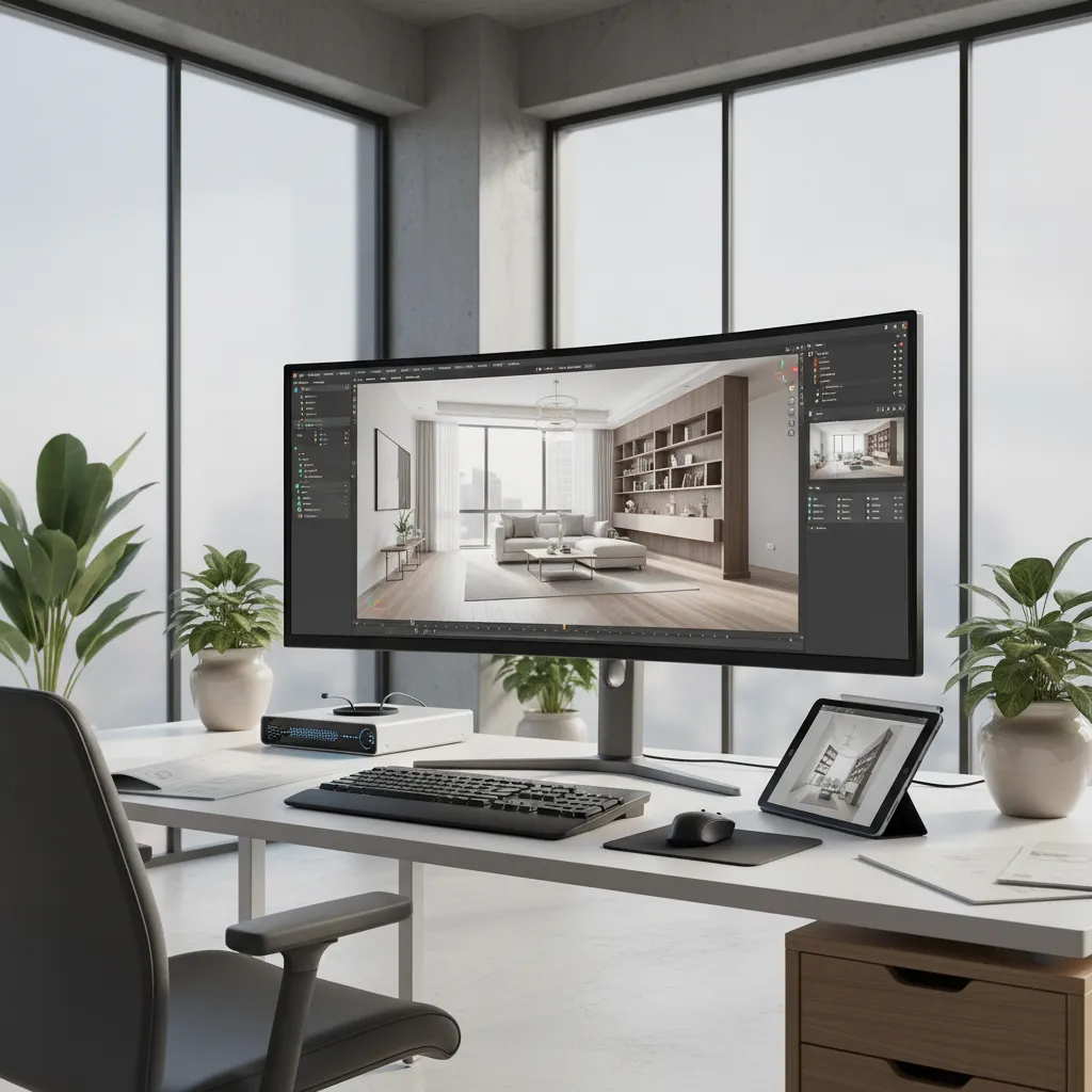 Designer using AI assisted software to generate a 3D room concept