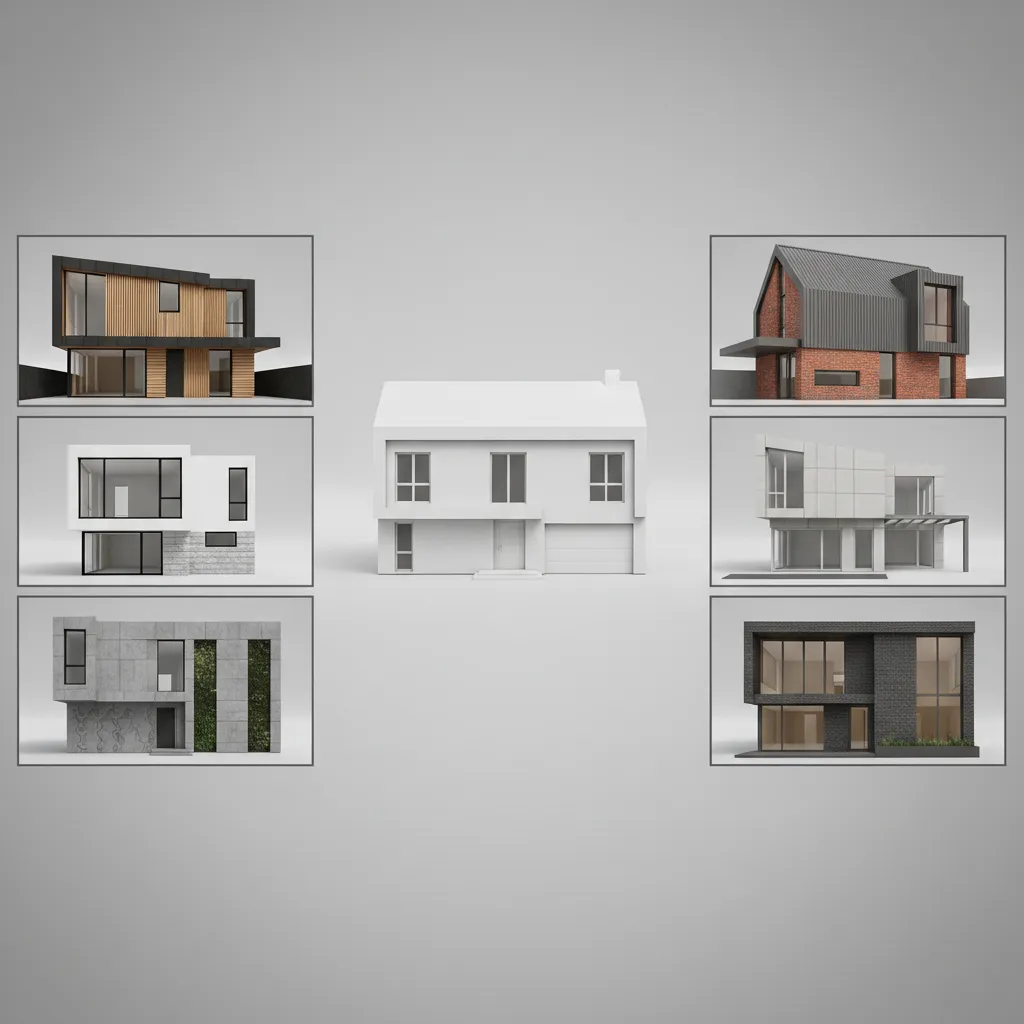 3D house massing model with AI generated elevation variations