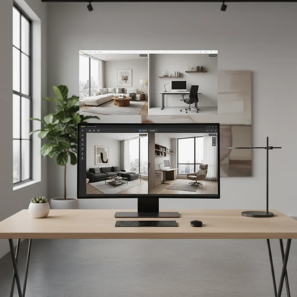 AI interior design app generating multiple room layout concepts on a computer screen