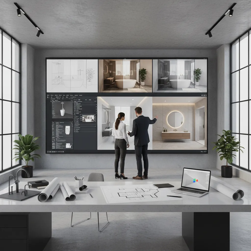 Designer reviewing AI generated bathroom layout options on large digital display