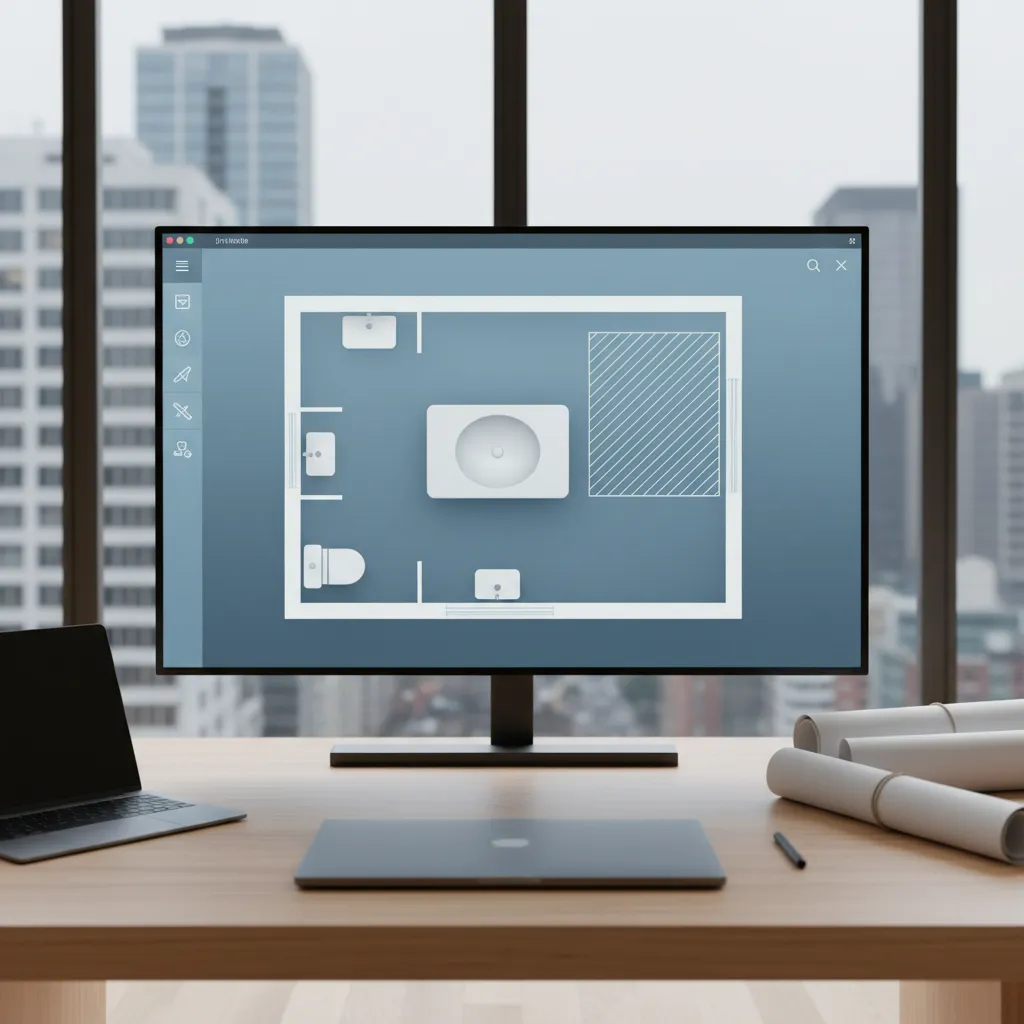 AI bathroom layout planning interface showing fixtures arranged in a small bathroom