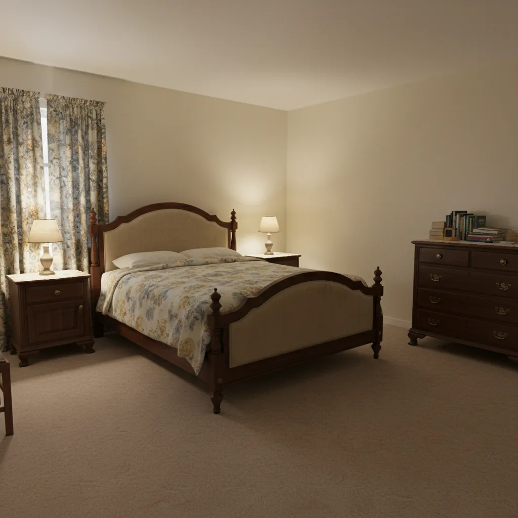 Traditional bedroom with wooden bed floral bedding two nightstands table lamps and dark wood cabinet