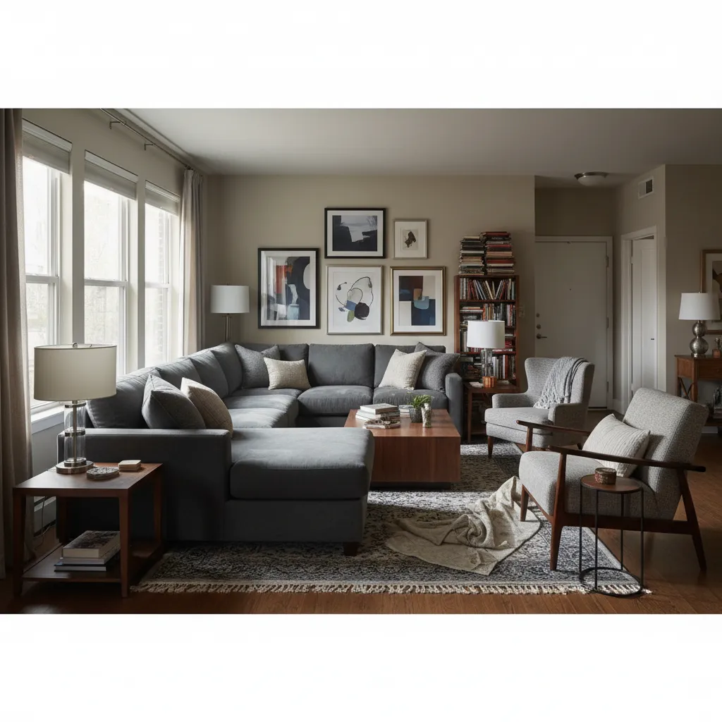 Sala con mala distribución de muebles generada digitalmente