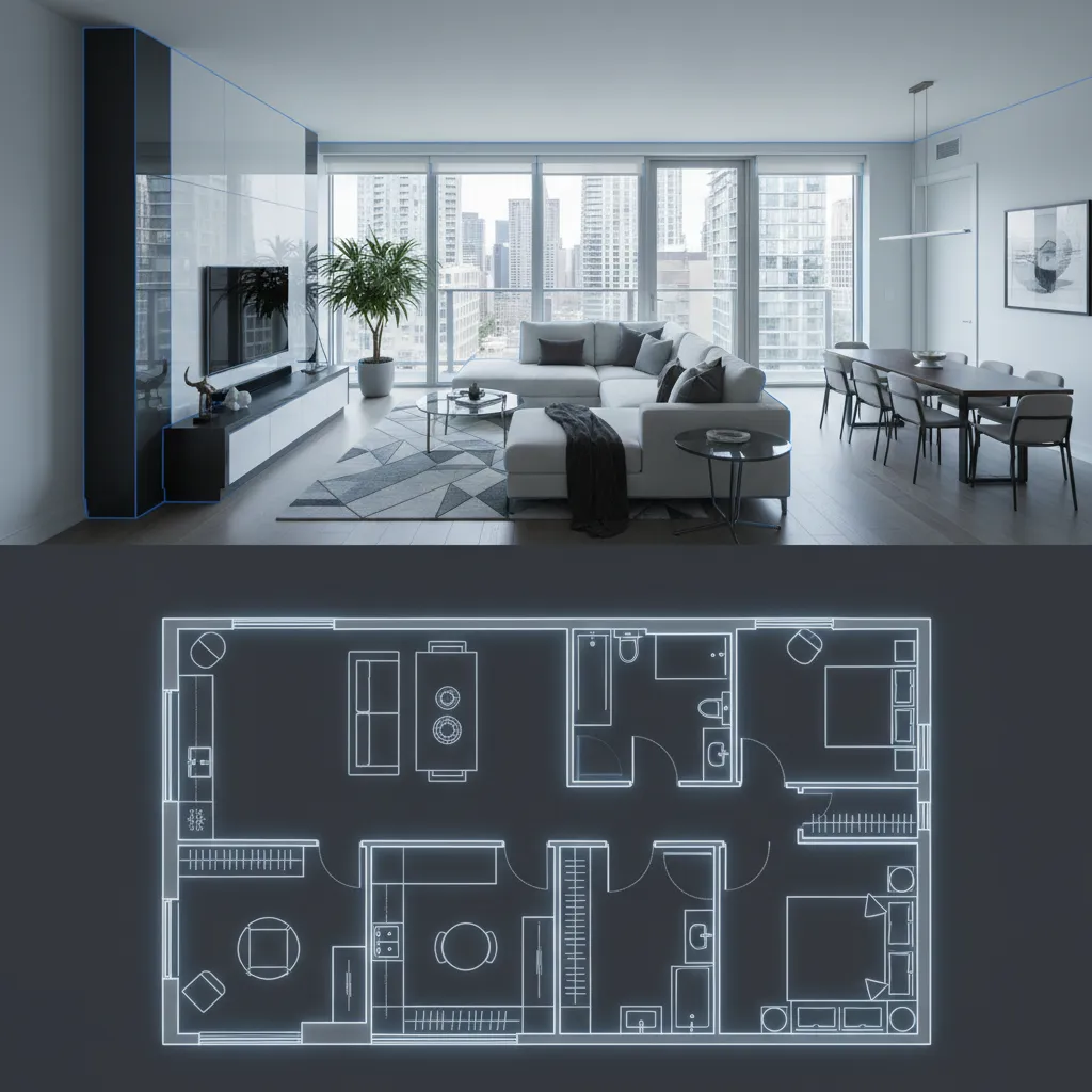 AI detecting walls and generating digital floor plan from 360 photo