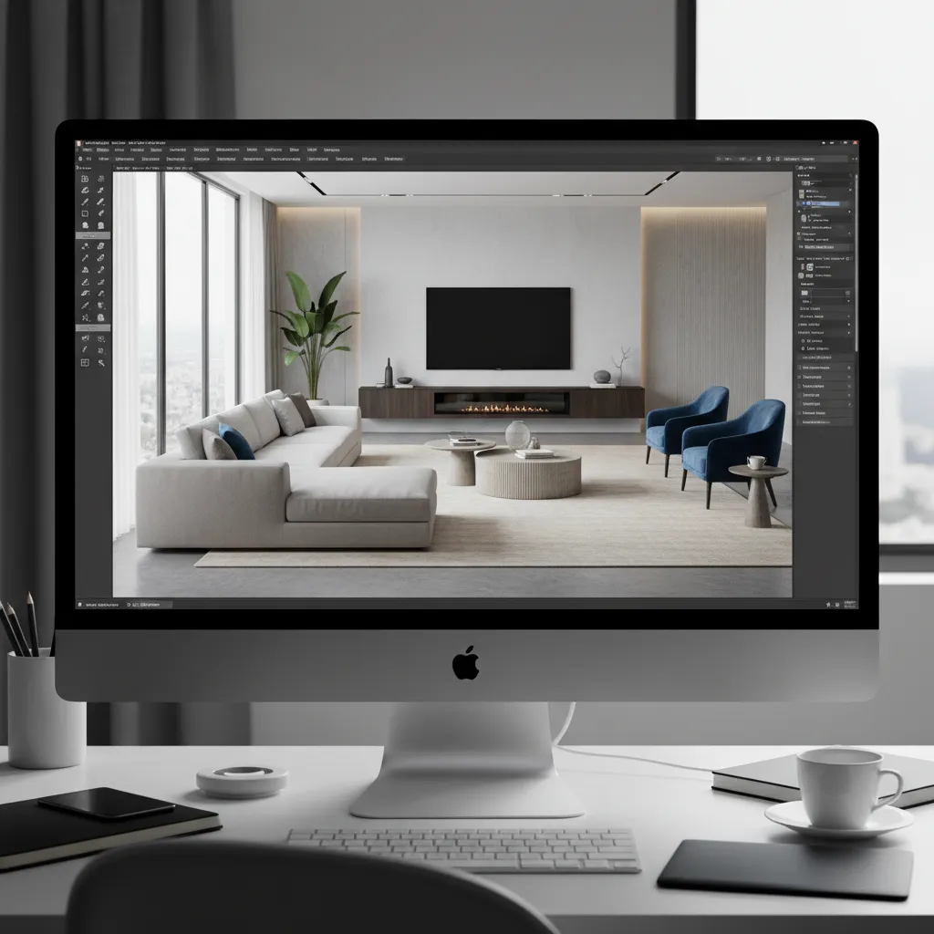 interfaz de software mostrando diseño interior de casa en 3D generado con inteligencia artificial