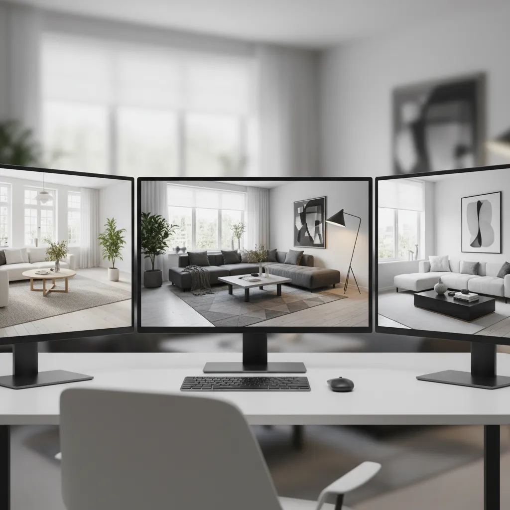 Diseño interior generado digitalmente mostrando distintas opciones de decoración