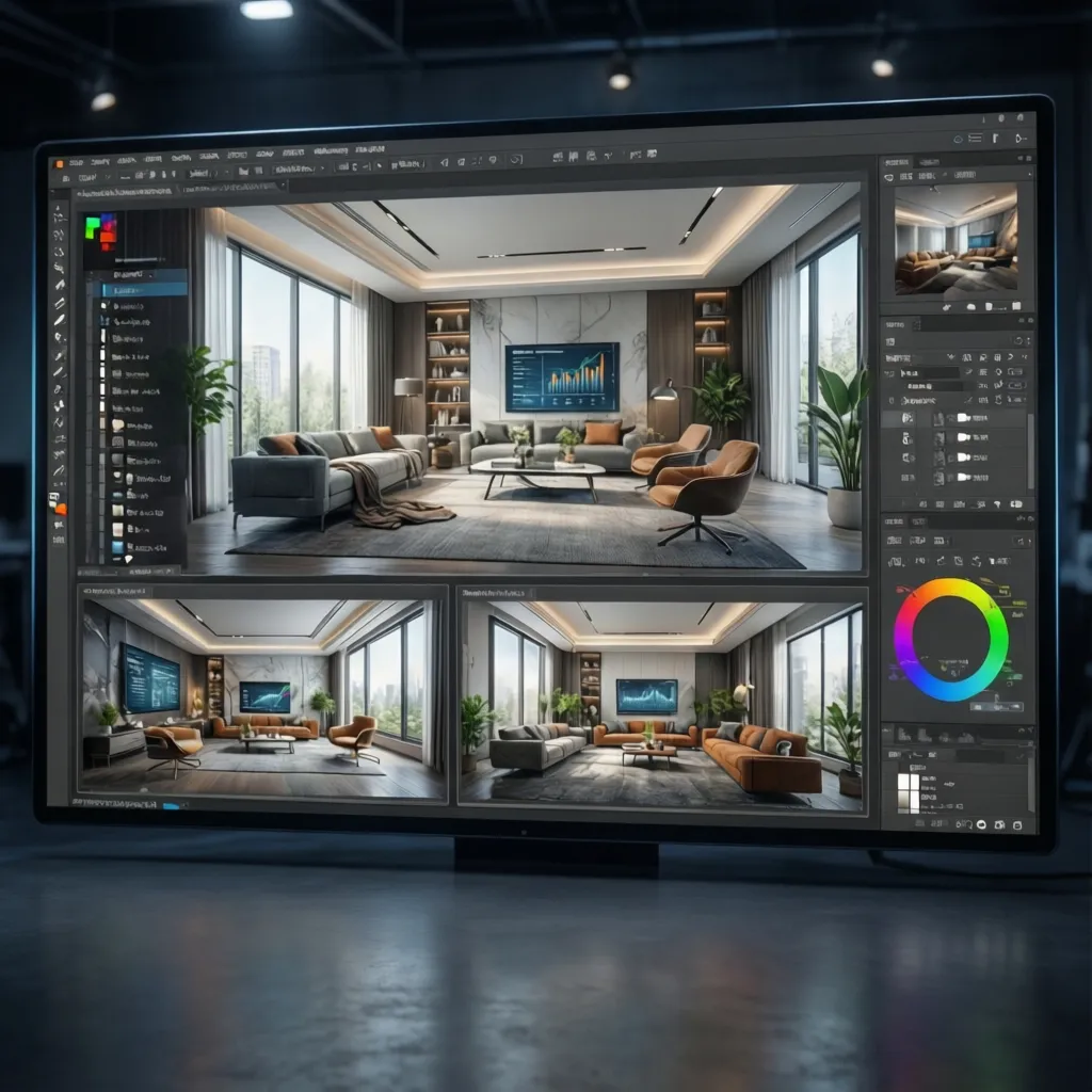 Computer monitor showing interior design software interface with room renders, color wheel, and editing tools