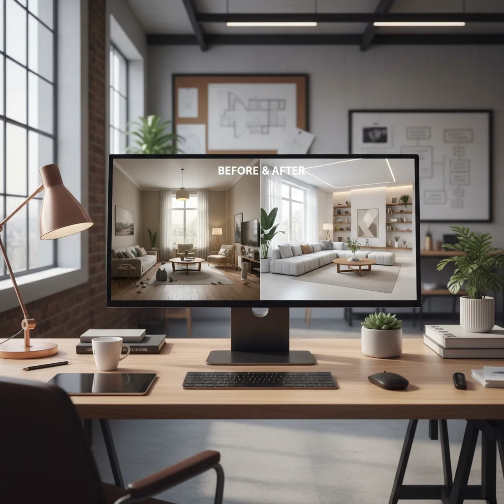 Concepto de diseño interior generado con inteligencia artificial en pantalla