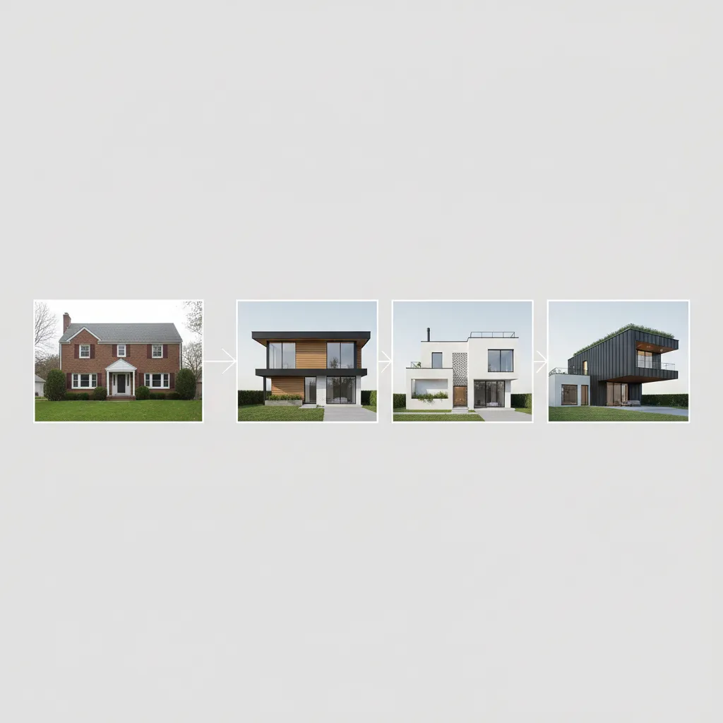 workflow concept showing photo to AI generated exterior redesign