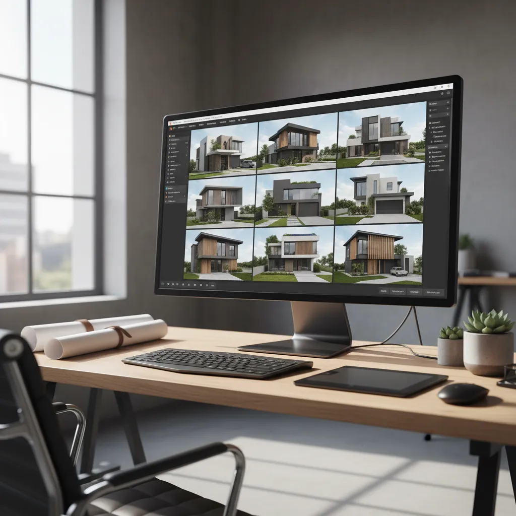 Pantalla mostrando diferentes diseños de fachada generados por inteligencia artificial