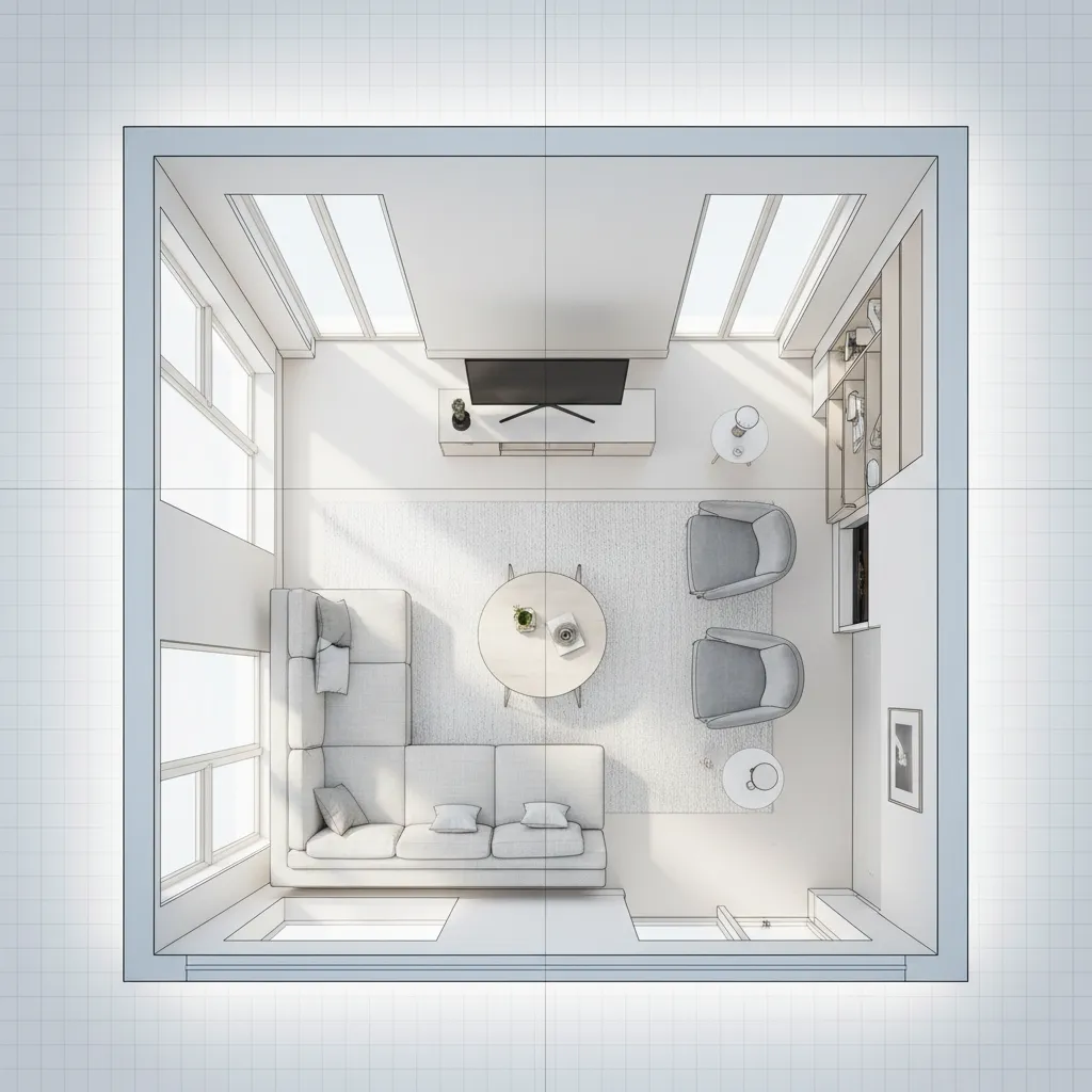 Coohom interior design drawing showing living room layout with sofa chairs television and coffee table