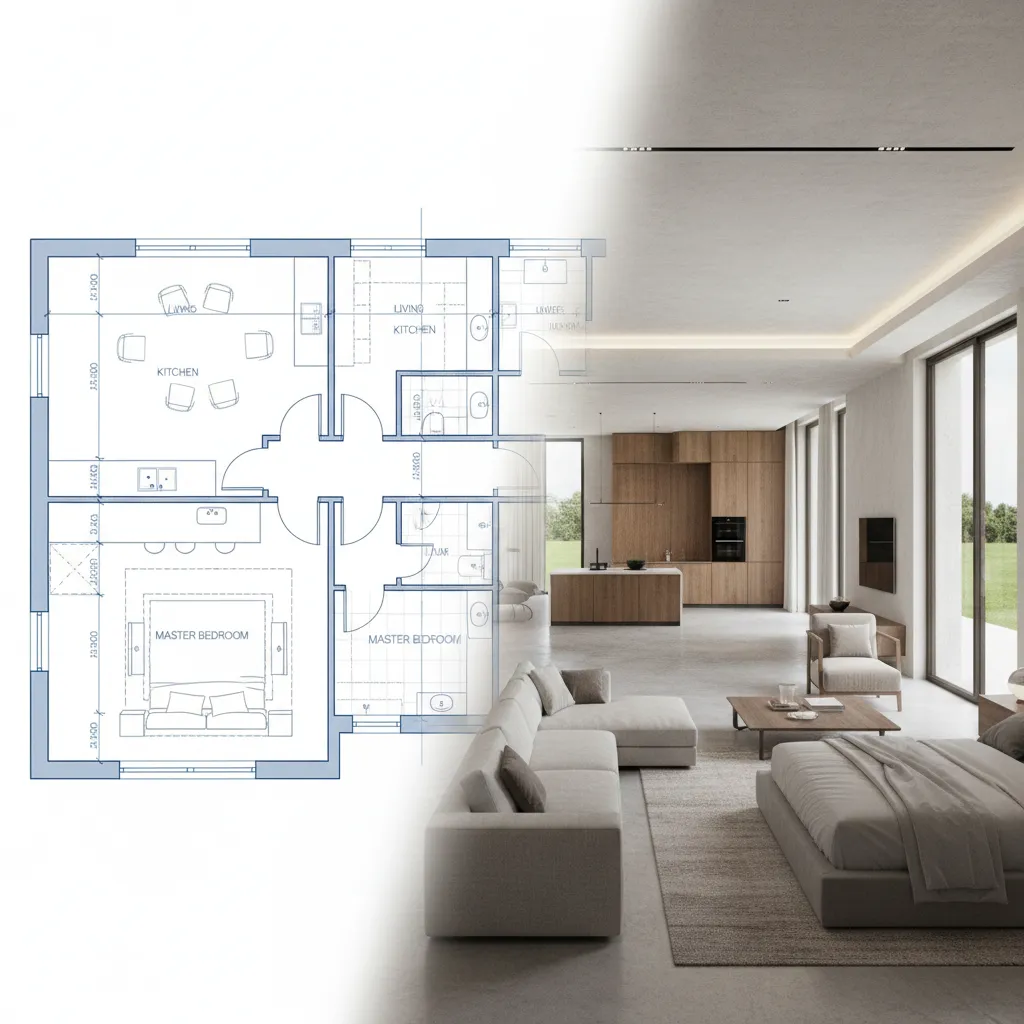 2D floor plan transforming into 3D house model visualization