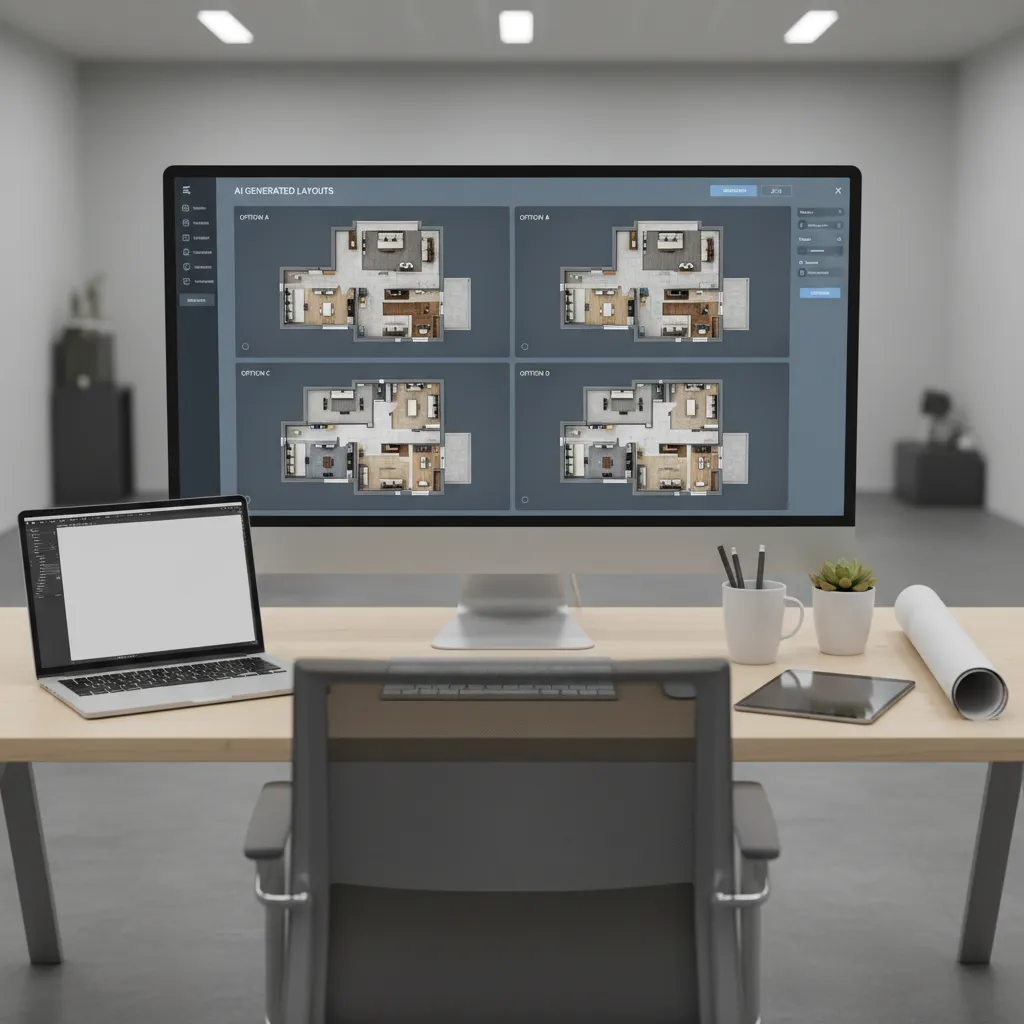 AI software generating multiple floor plan layout options on a digital screen