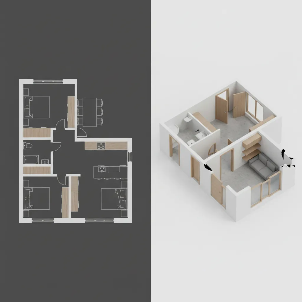 example of AI misinterpreting walls and doors in floor plan to 3D conversion