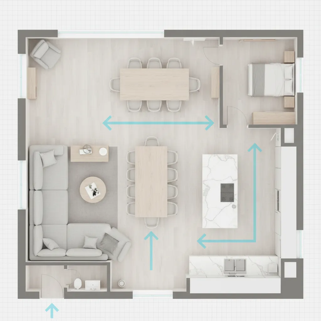 AI generated living room layout showing furniture placement and walking paths