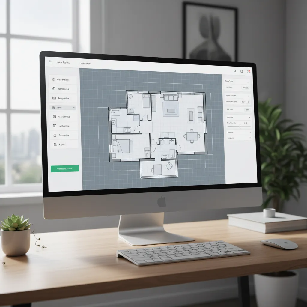 Computer monitor on wooden desk displaying interior design drawing floor plan with keyboard mouse plant
