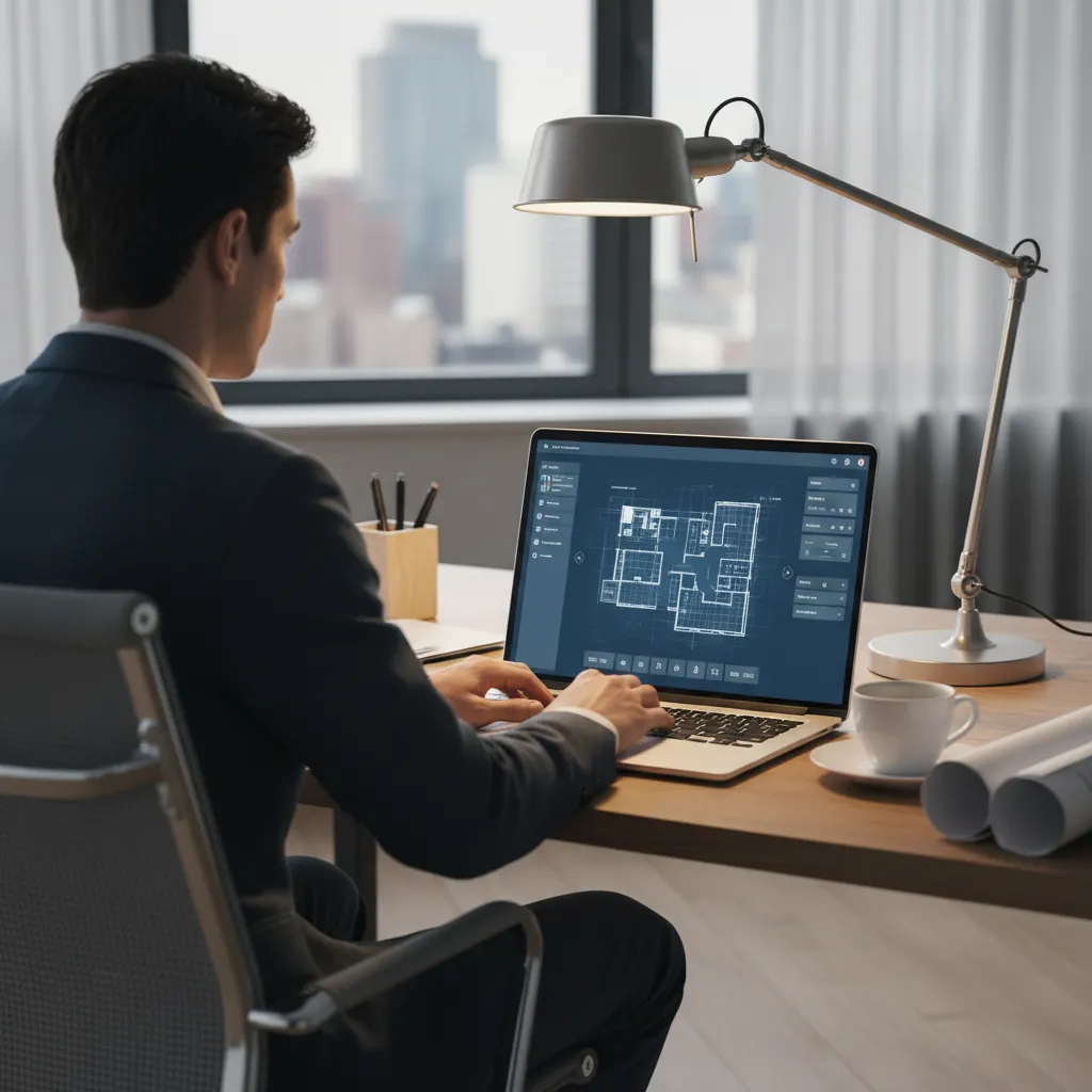 Designer using AI floor plan generator software on a laptop to create house layout