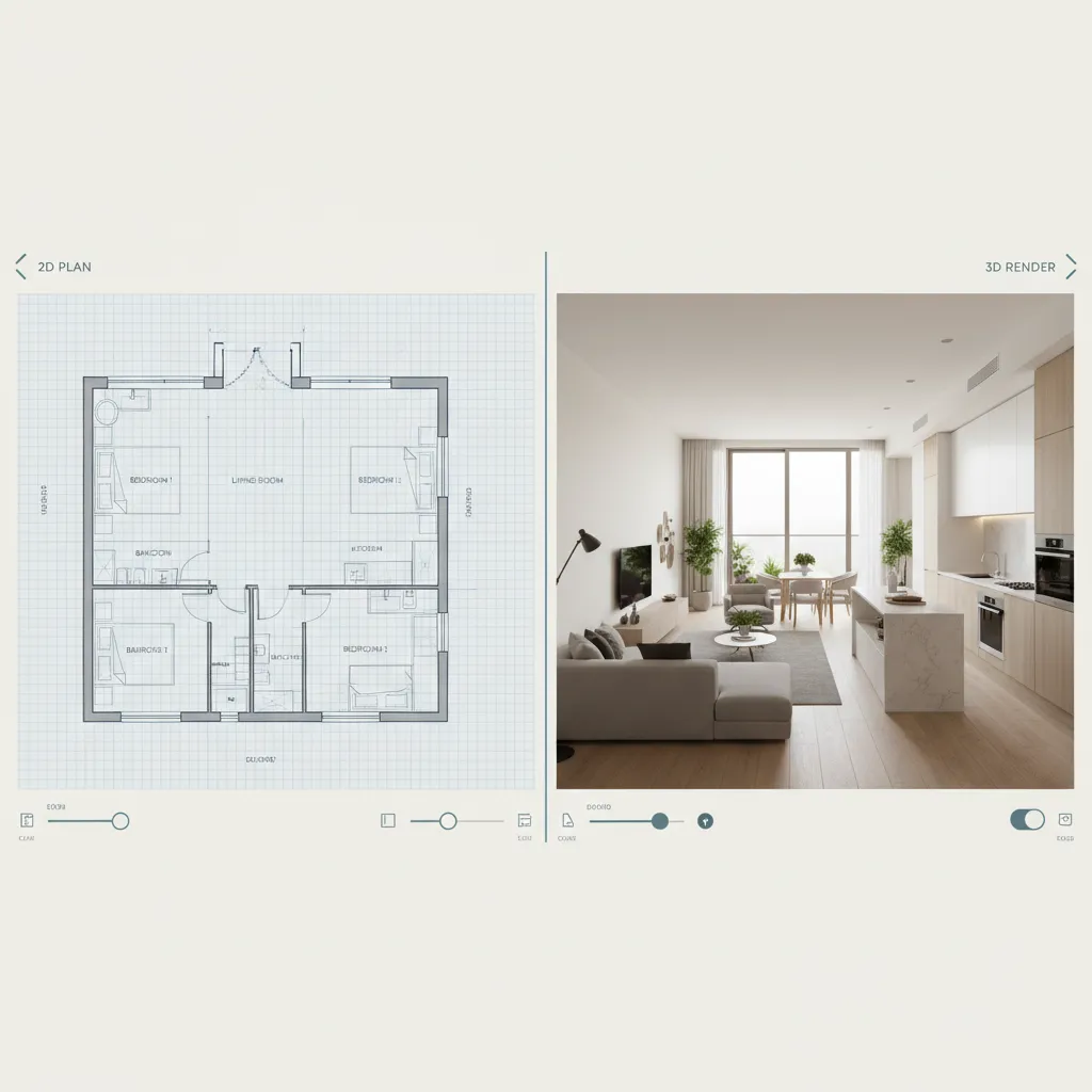 Software interface converting a floor plan into a 3D apartment layout