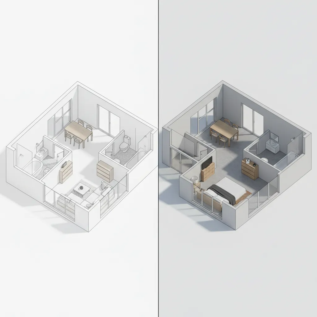 diagram showing AI floor plan recognition converting 2D layout into 3D room model