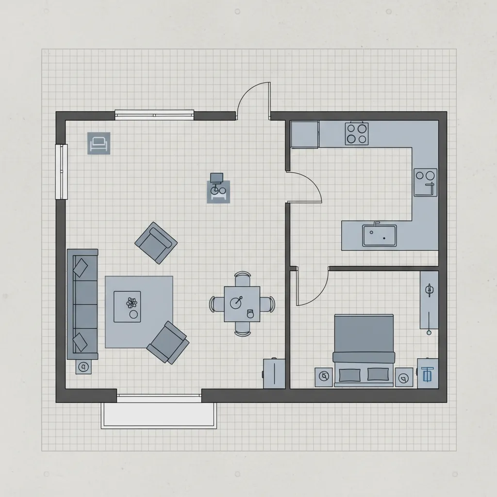 Top down digital floor plan layout with rooms and furniture created using AI planner