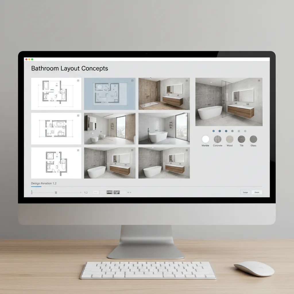 Multiple bathroom layout concepts displayed on a design interface