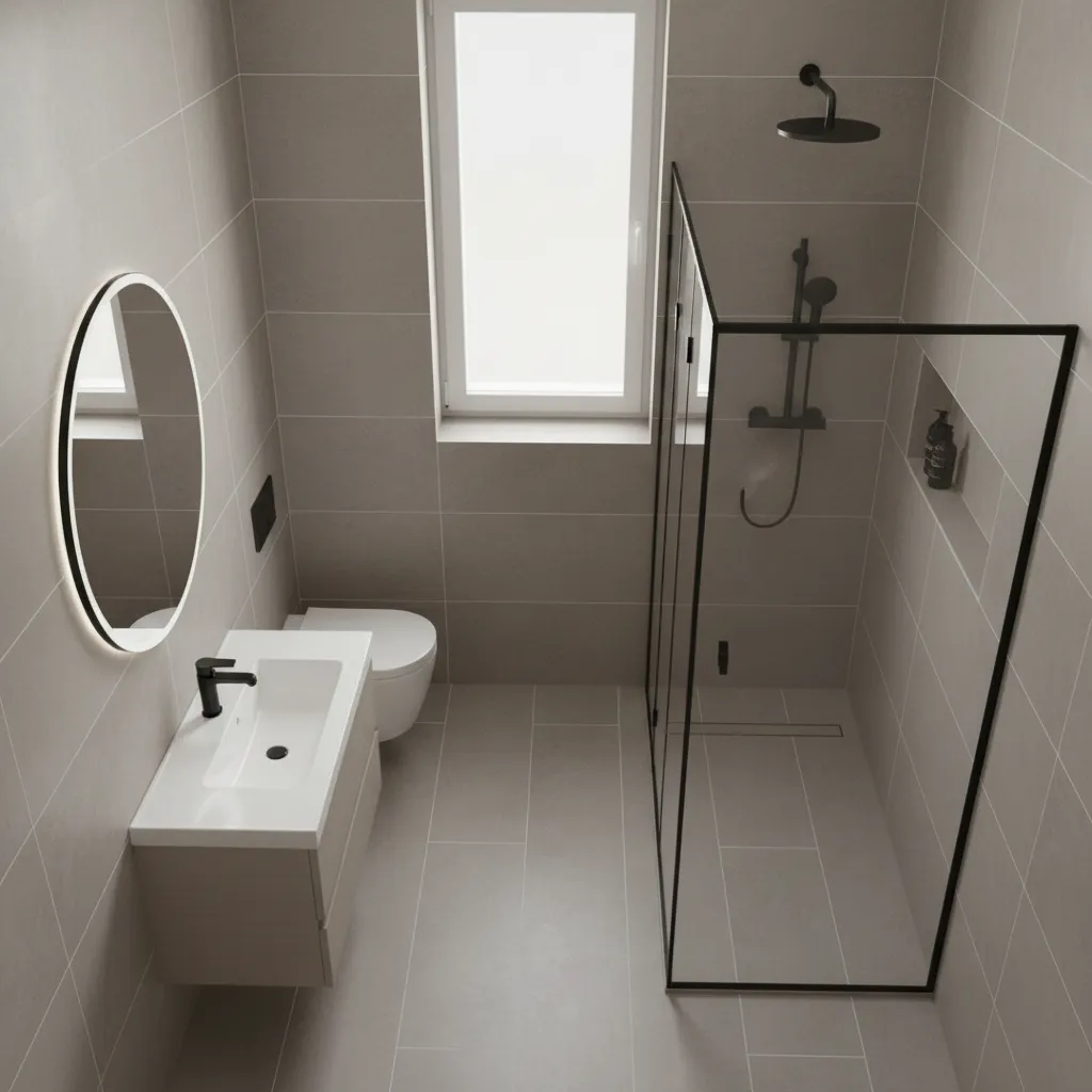 AI generated bathroom layout with vanity toilet and shower in small space