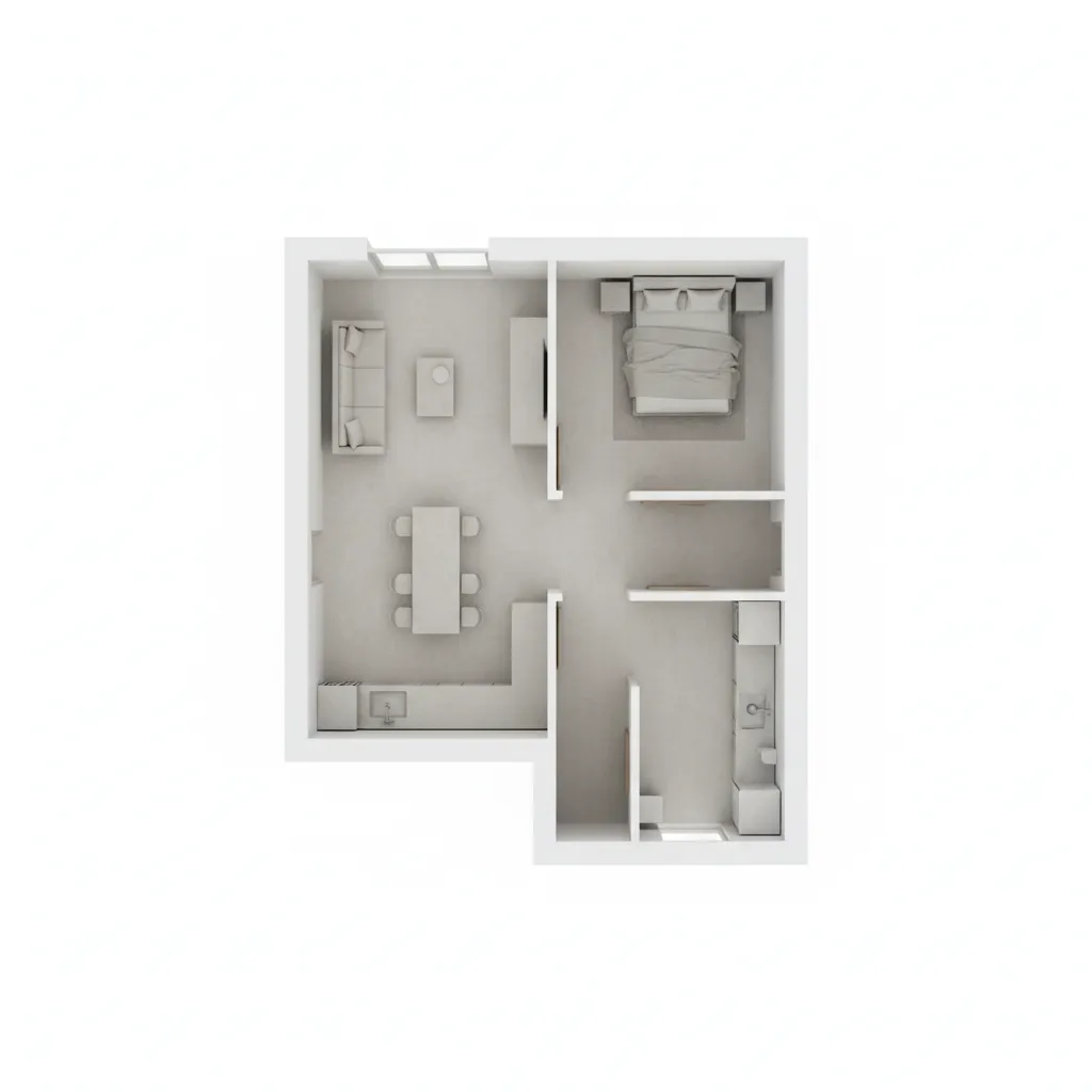 AI generated base 3D house floor plan showing initial room arrangement