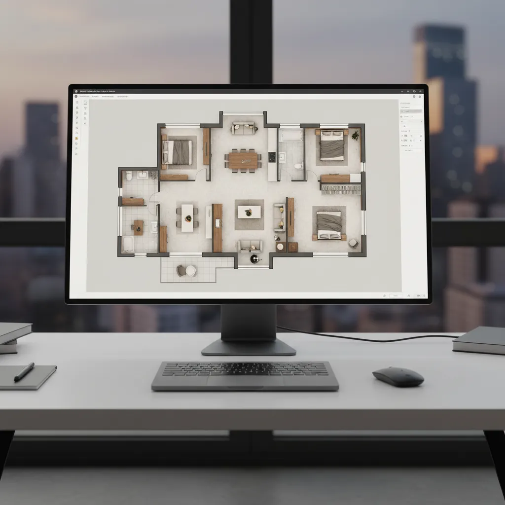 Conceptual AI generated house floor plan layout displayed on digital screen