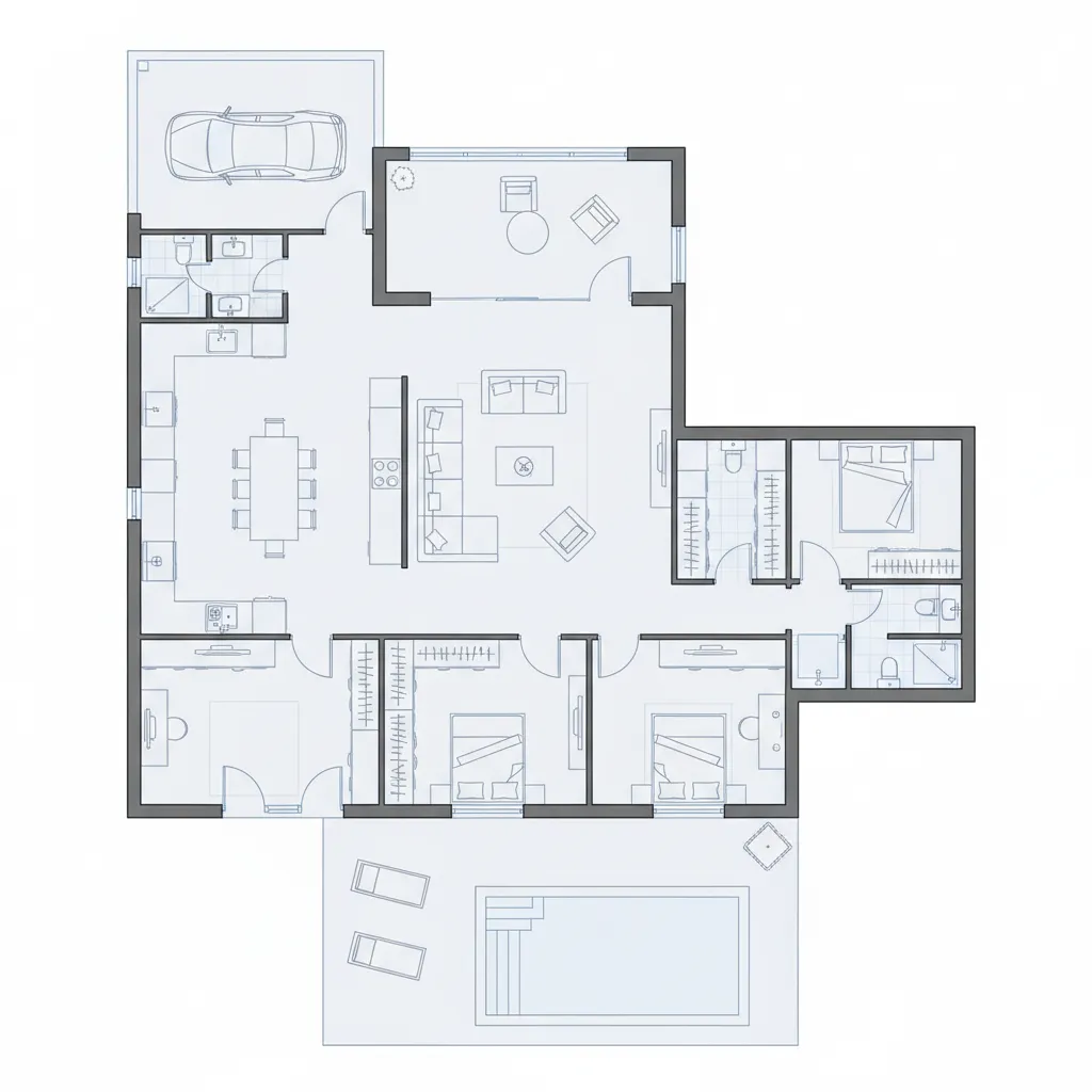 Top down view of AI generated home floor plan with labeled rooms and furniture layout