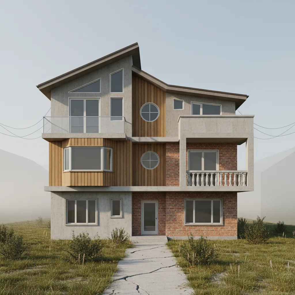 example of unrealistic AI generated house elevation with mismatched windows