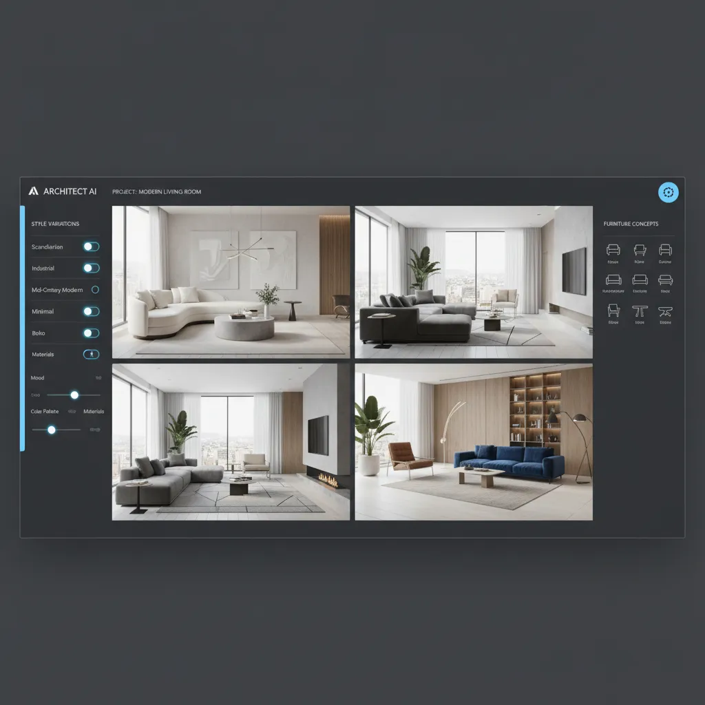 AI assisted interior design software generating modern living room concepts