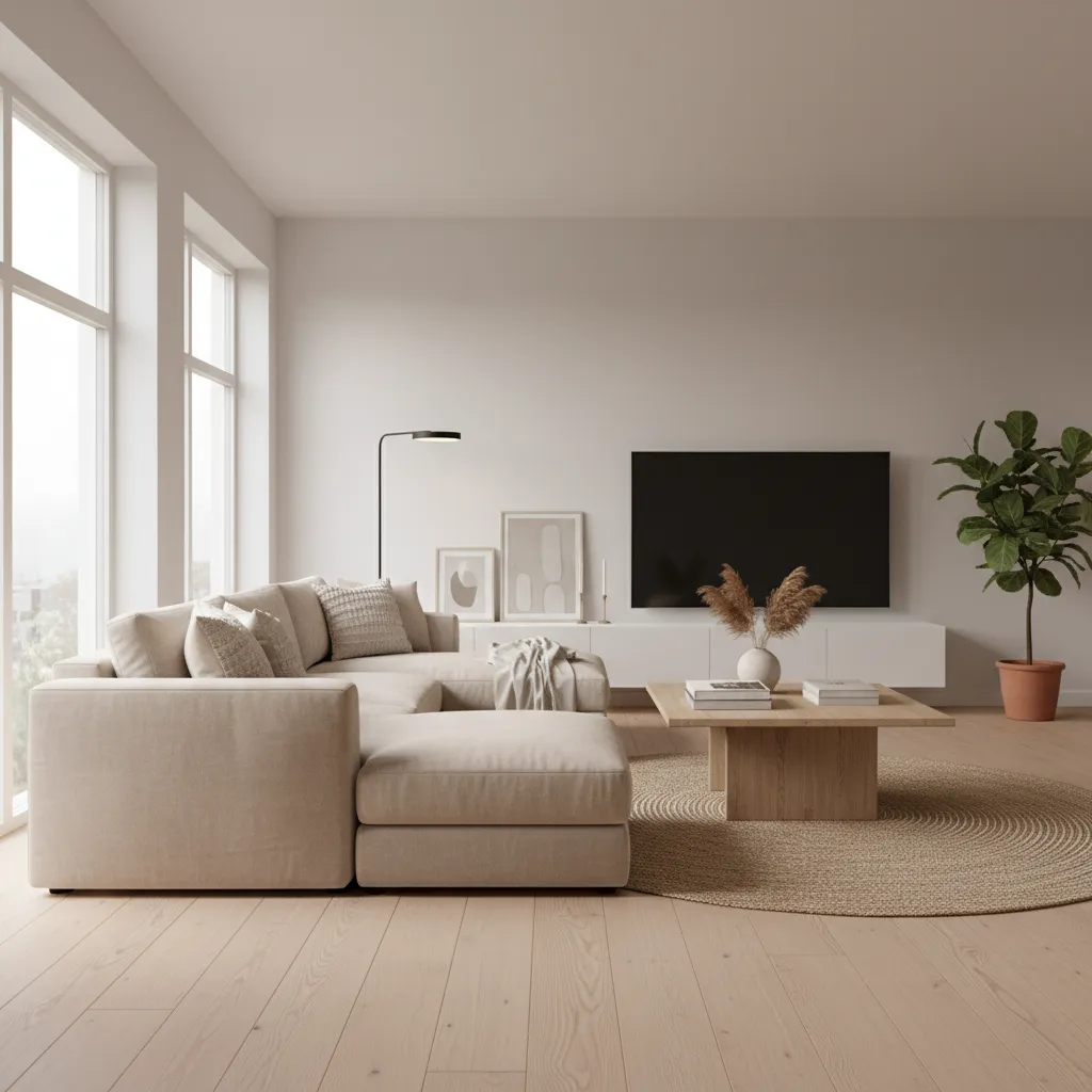 Render realista de un salón moderno generado mediante software de diseño