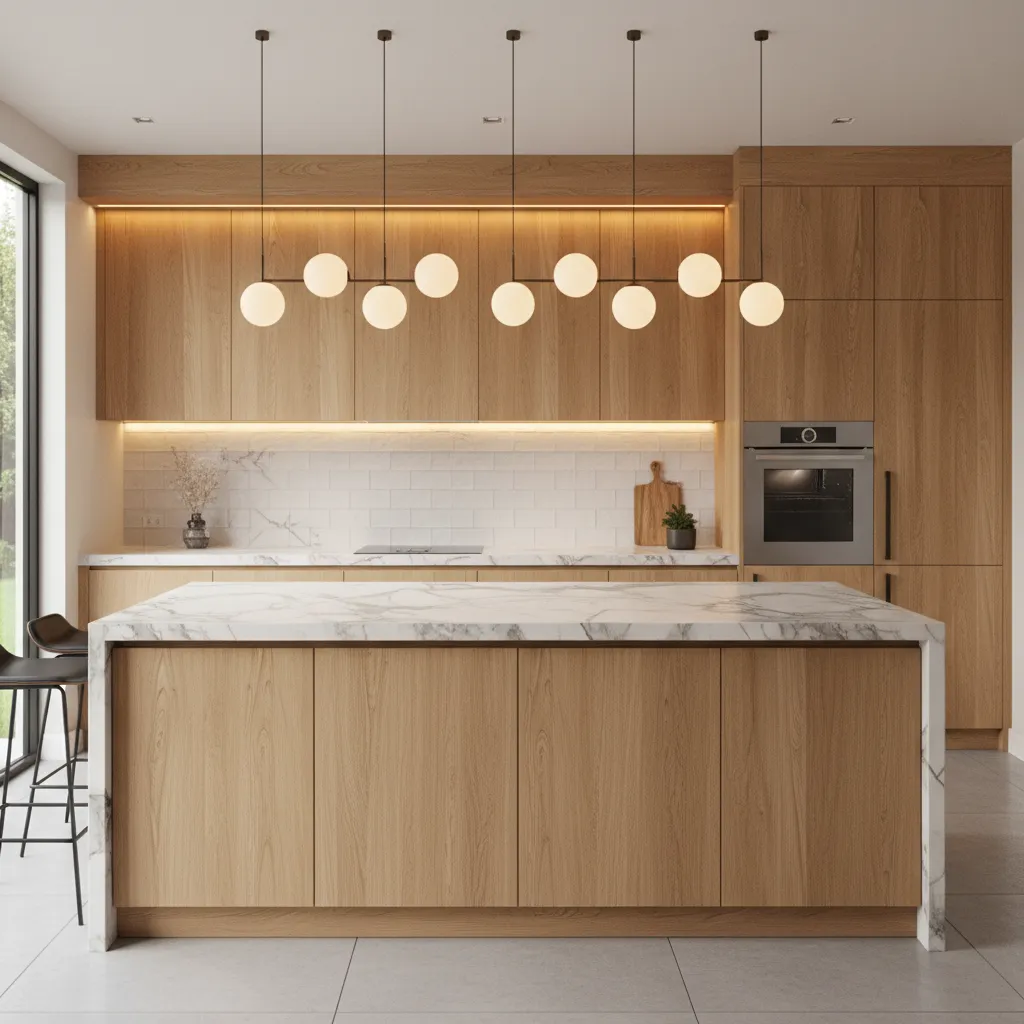Modern kitchen with wooden cabinets marble island and unique round white ball shaped ceiling lights
