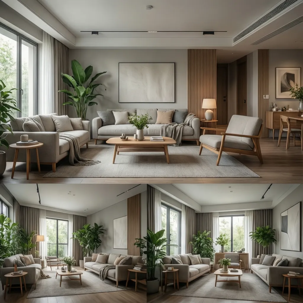Modern living room design with grey sofas wooden coffee tables and many green indoor plants