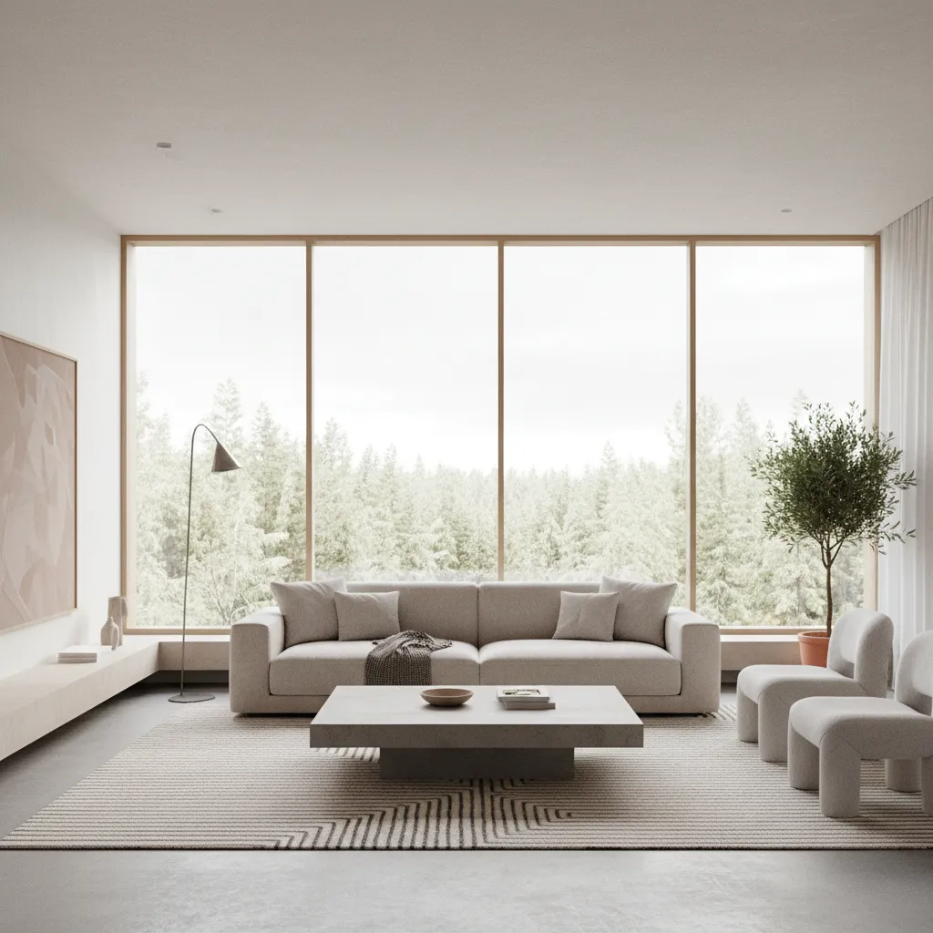 Minimalist living room with beige sofa coffee table large windows and view of green forest