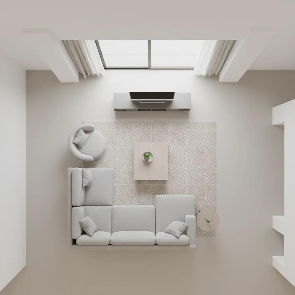 AI generated living room furniture layout showing circulation space and sofa placement