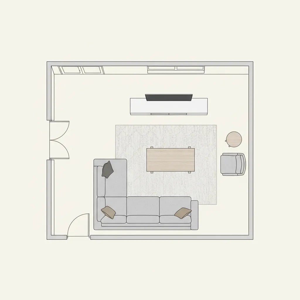 AI generated living room furniture layout plan with circulation space