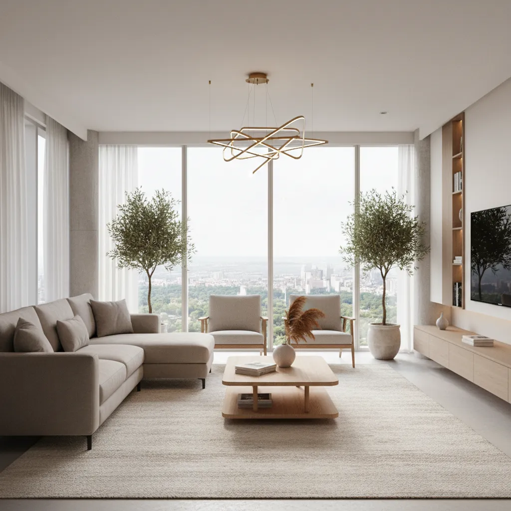 Render interior realista de una sala de estar generado con IA