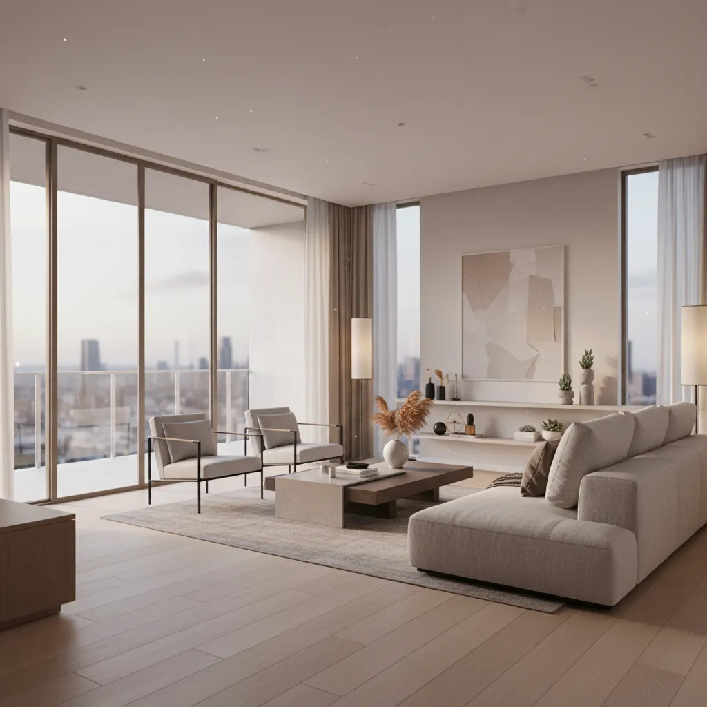 Modern beige living room with large windows showing city view sofa armchairs and coffee table