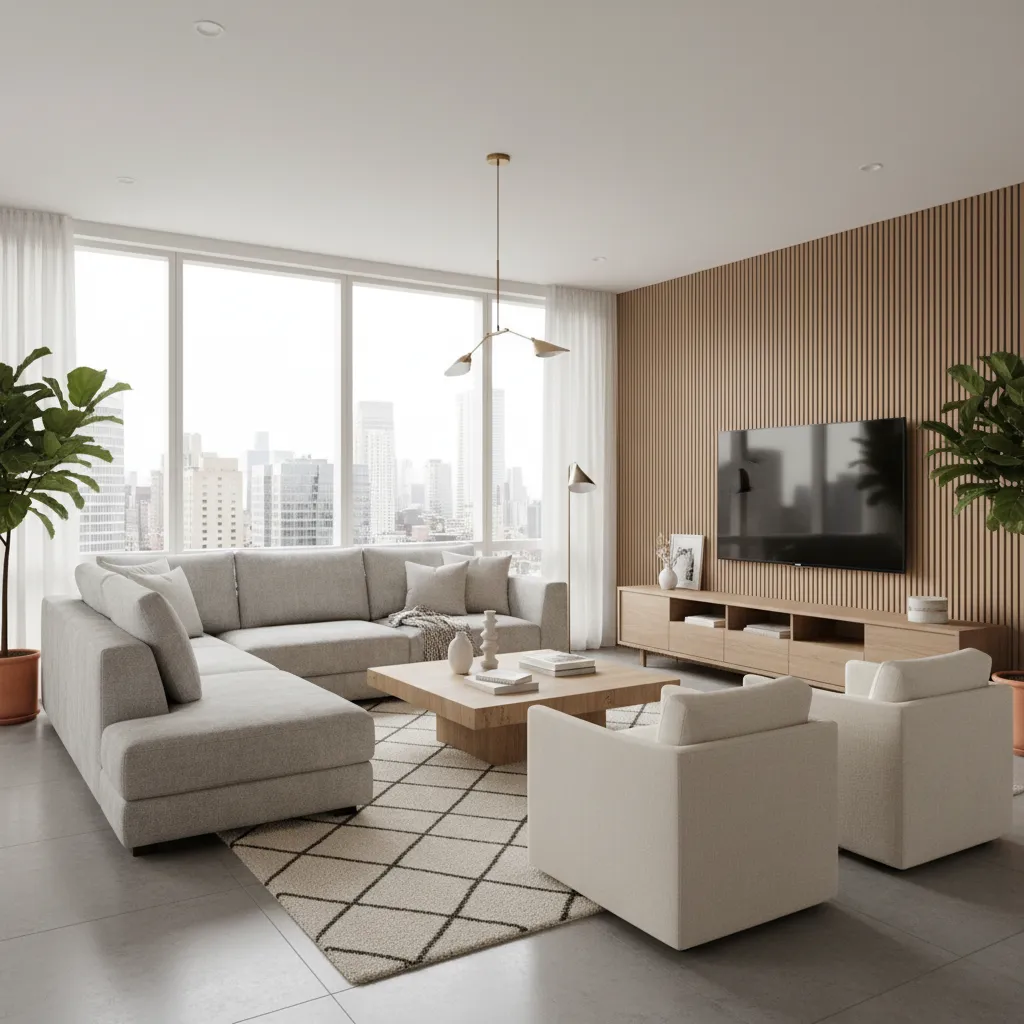 Render realista de salón moderno generado con herramientas digitales de diseño