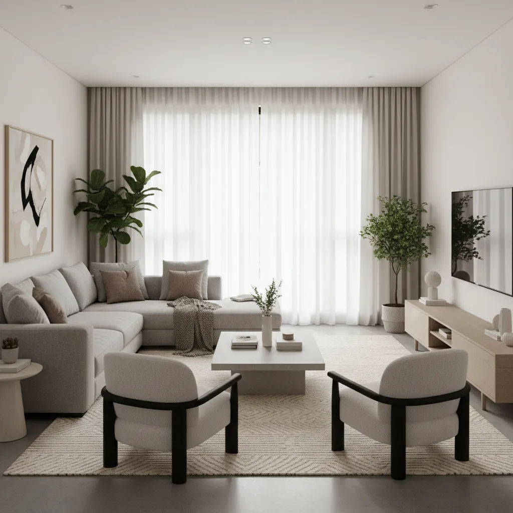 Modern living room with grey sofa two chairs wood TV cabinet and a large window