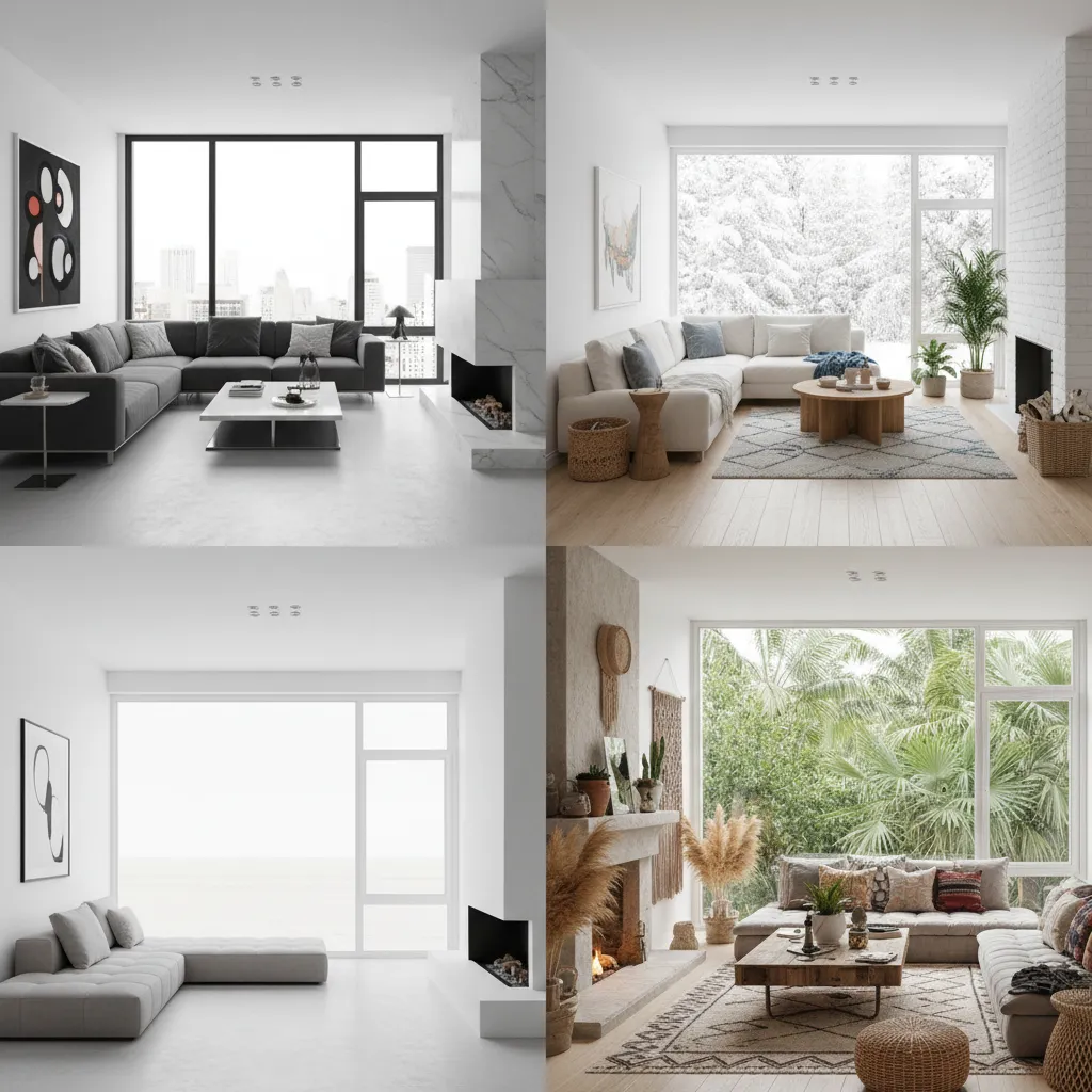 Multiple AI generated interior design variations for the same living room