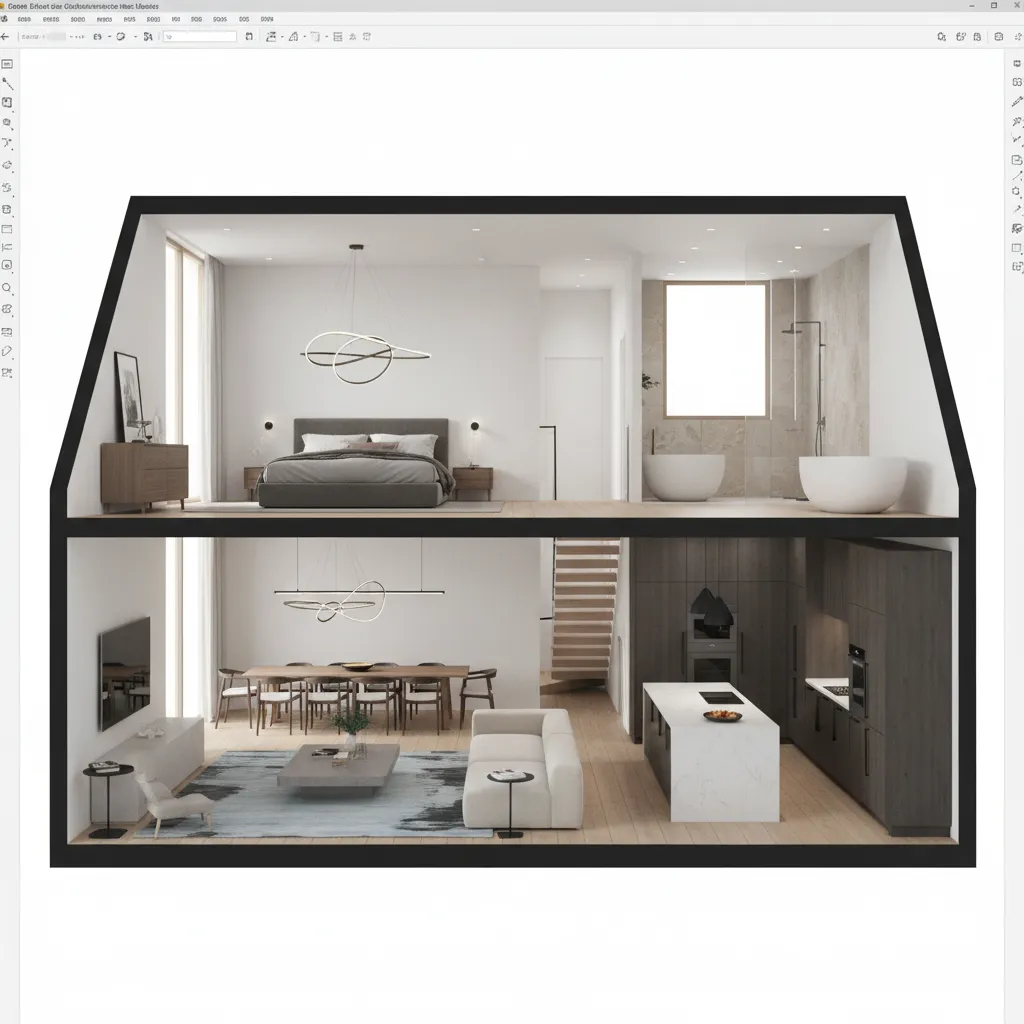 Modelo 3D de una casa visualizado en software de diseño