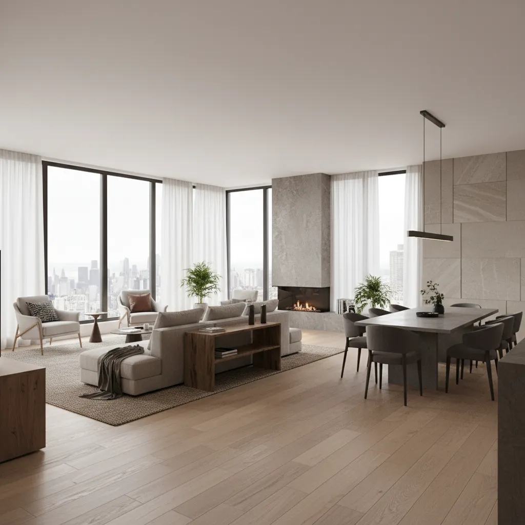 Large open living room with grey sofa fireplace dining table and windows with city view