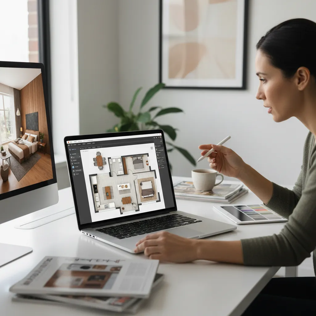 Interior designer using laptop to create 2D floor plan layout with bedroom render on monitor