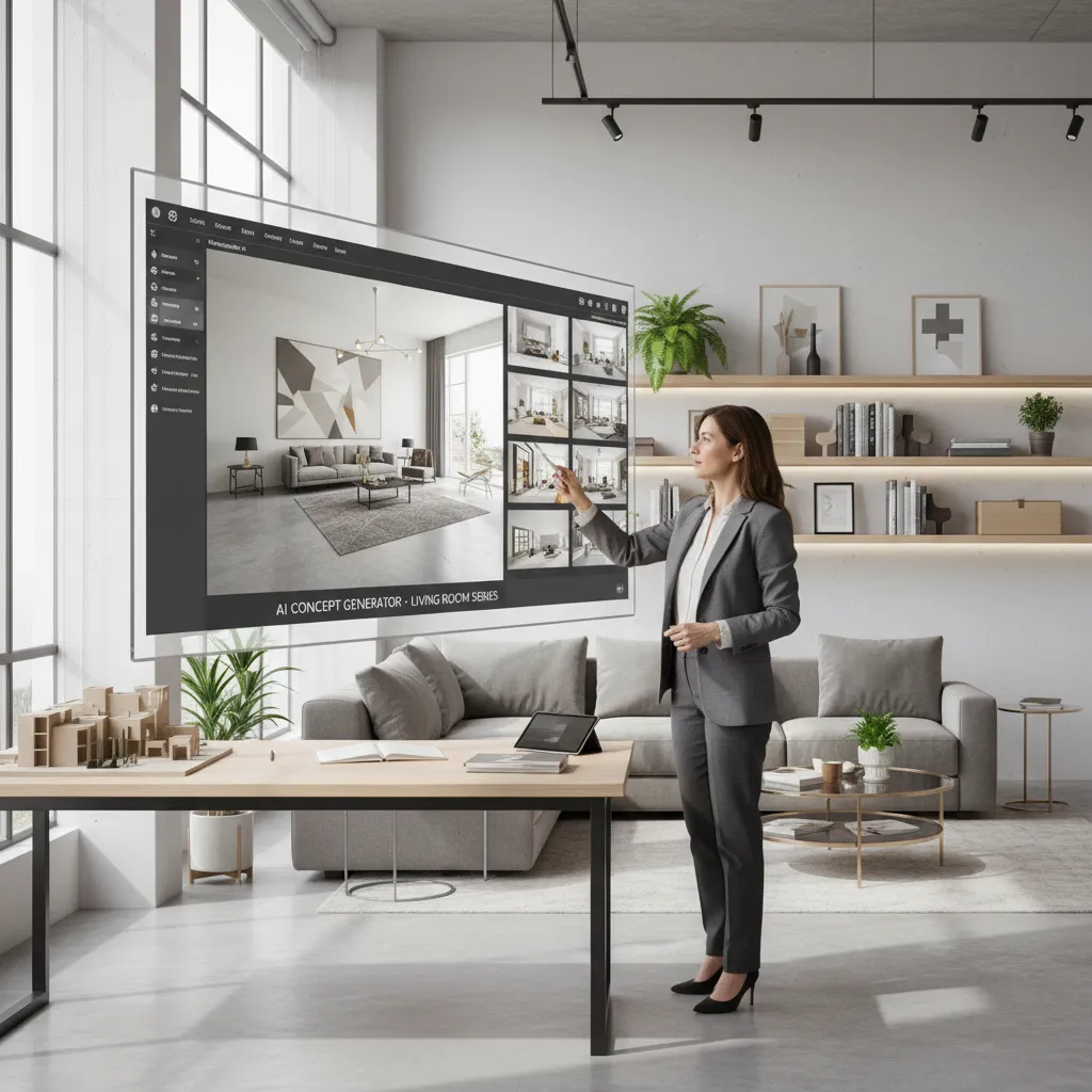 Woman pointing at transparent screen showing AI interior design drawing workflow in a modern office