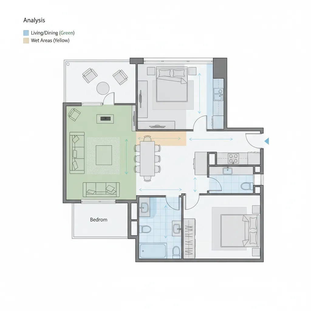 digital analysis of home floor plan showing AI layout suggestions and spatial zones